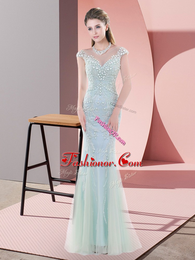  Cap Sleeves Floor Length Beading Zipper Prom Party Dress with Blue