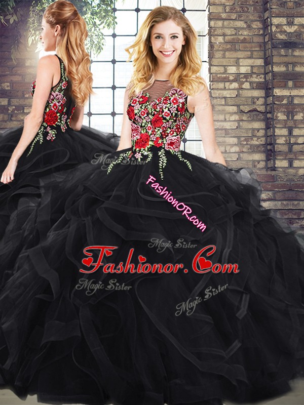 Pretty Black Zipper Scoop Sleeveless Quinceanera Gown Embroidery and Ruffles