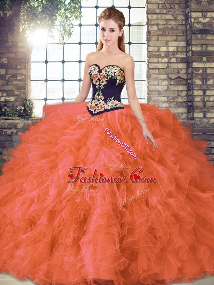 Customized Floor Length Orange Red Quince Ball Gowns Sweetheart Sleeveless Lace Up