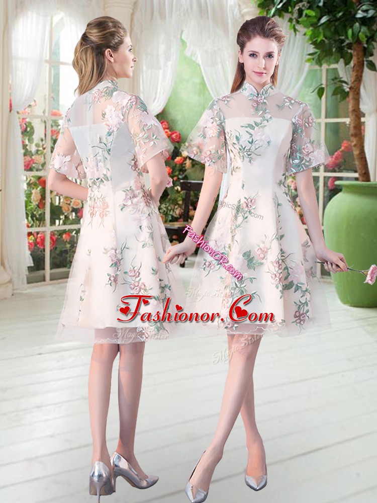 Decent A-line Homecoming Dress Champagne High-neck Tulle Short Sleeves Knee Length Zipper