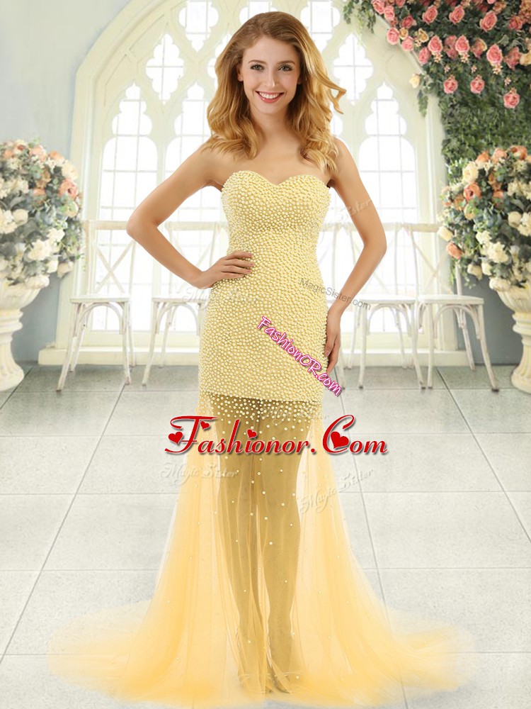 Exceptional Gold Tulle Zipper Prom Evening Gown Sleeveless Brush Train Beading