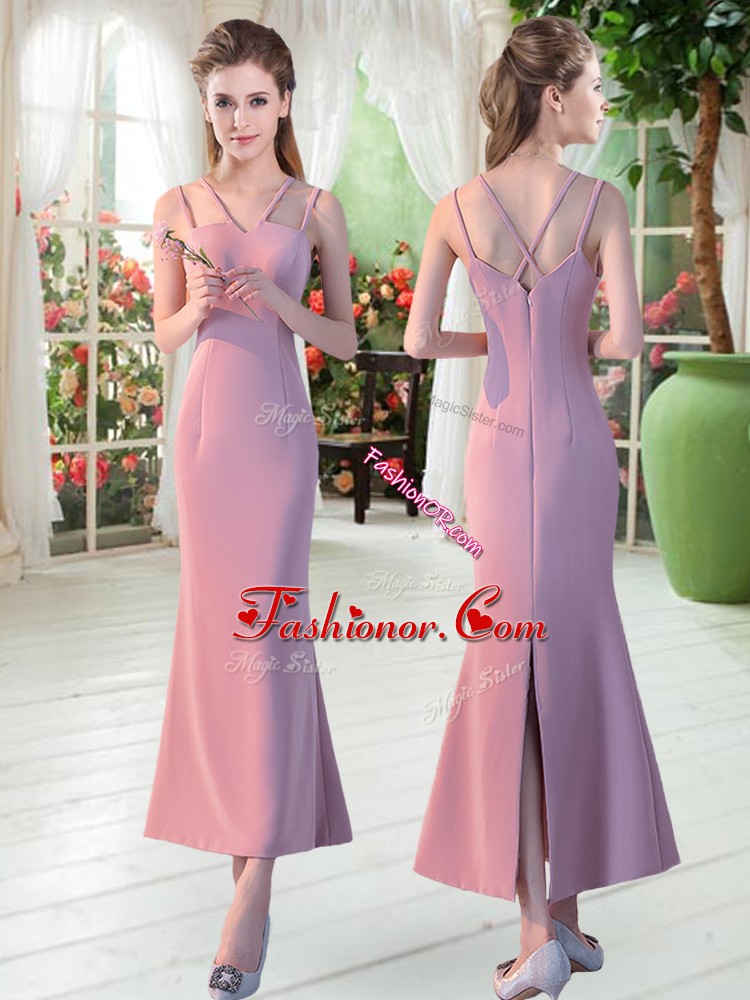Fantastic Sleeveless Ankle Length Ruching Zipper Dress for Prom with Pink 