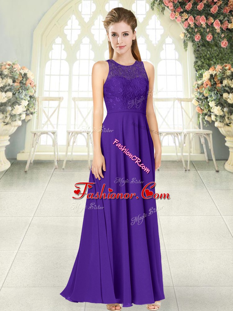  Purple Chiffon Backless Prom Party Dress Sleeveless Floor Length Lace