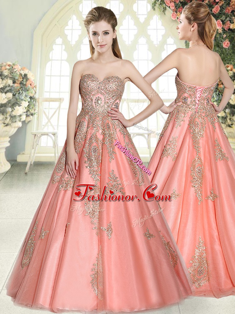 Hot Selling Watermelon Red Lace Up Sweetheart Appliques Evening Dress Tulle Sleeveless