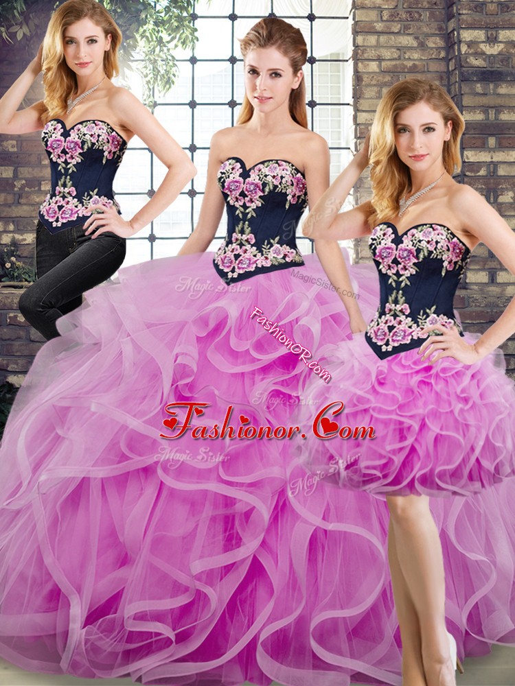Noble Tulle Sweetheart Sleeveless Sweep Train Lace Up Beading and Embroidery and Ruffles Quinceanera Dresses in Lilac