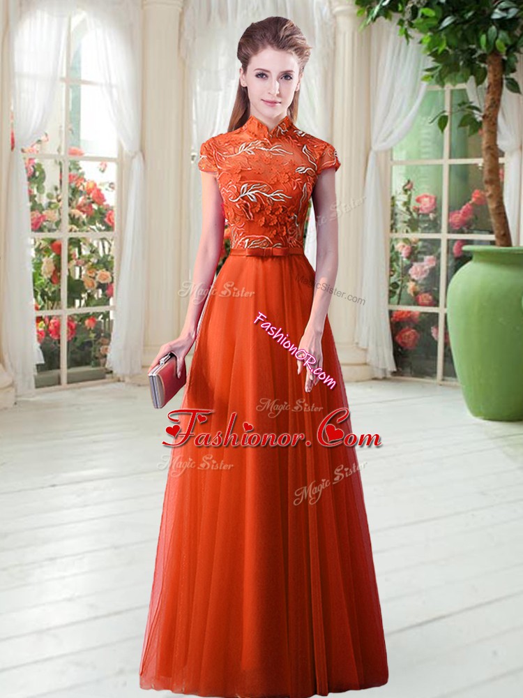  Tulle High-neck Cap Sleeves Lace Up Appliques in Orange Red