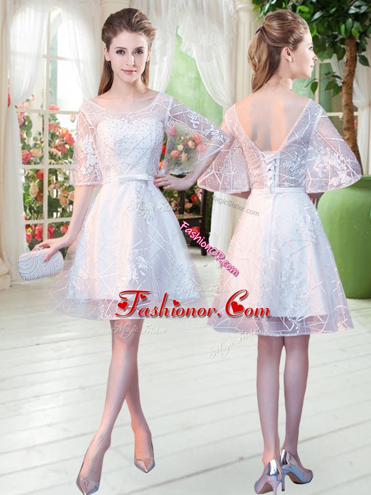 Admirable White Half Sleeves Knee Length Beading Lace Up Prom Dresses