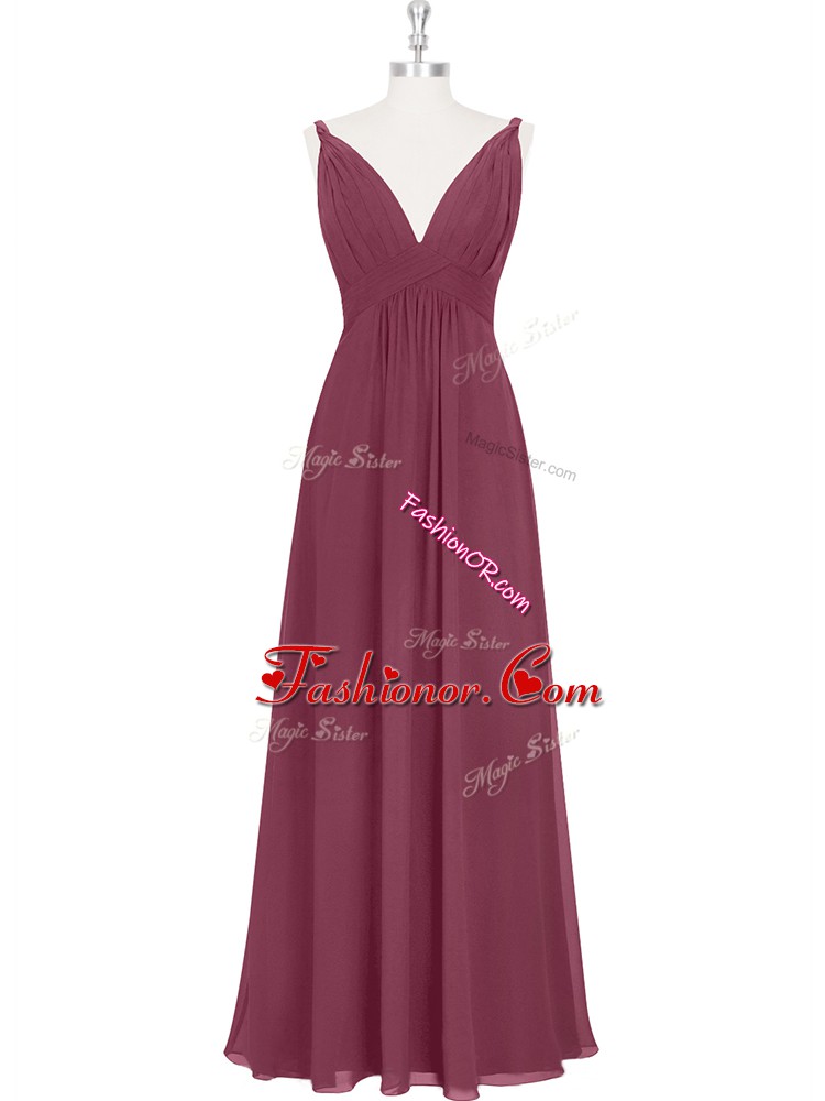 Classical Burgundy Empire V-neck Sleeveless Chiffon Floor Length Backless Ruching and Pleated Prom Dress