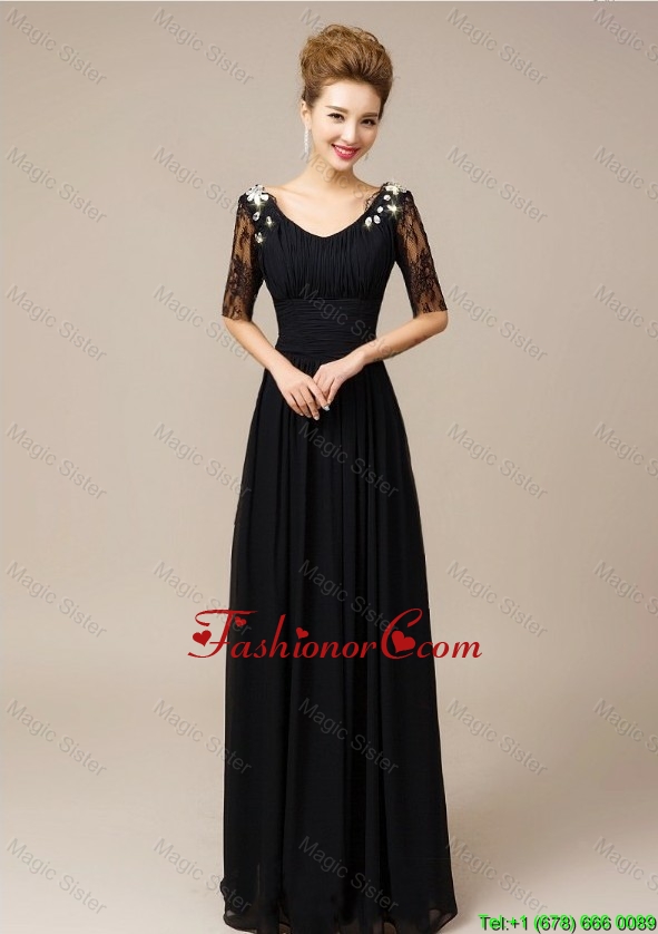 Gorgeous Half Sleeves Laced Black Prom Dresses with V Neck DBEE025FOR