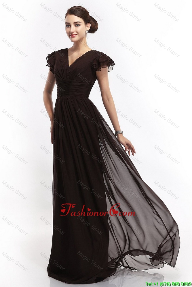 Hot Sale V Neck Ruching Empire Brush Train Prom Dresses in Black DBEE329FOR