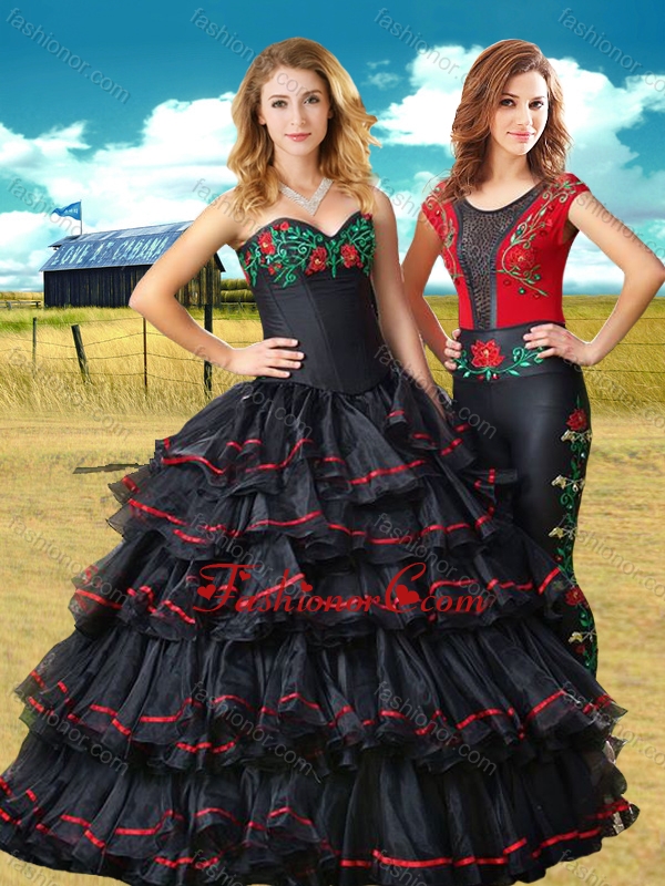 Two For One Black Sweet 16 Dress with Embroidery and Ruffled Layers XFQD1072FOR