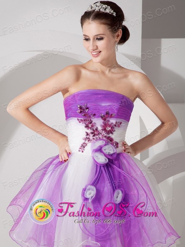 White Prom Dress Purple Flowers Promotion For Promotional Elegant Straps Hand Made Flowers Short Prom Dress In White