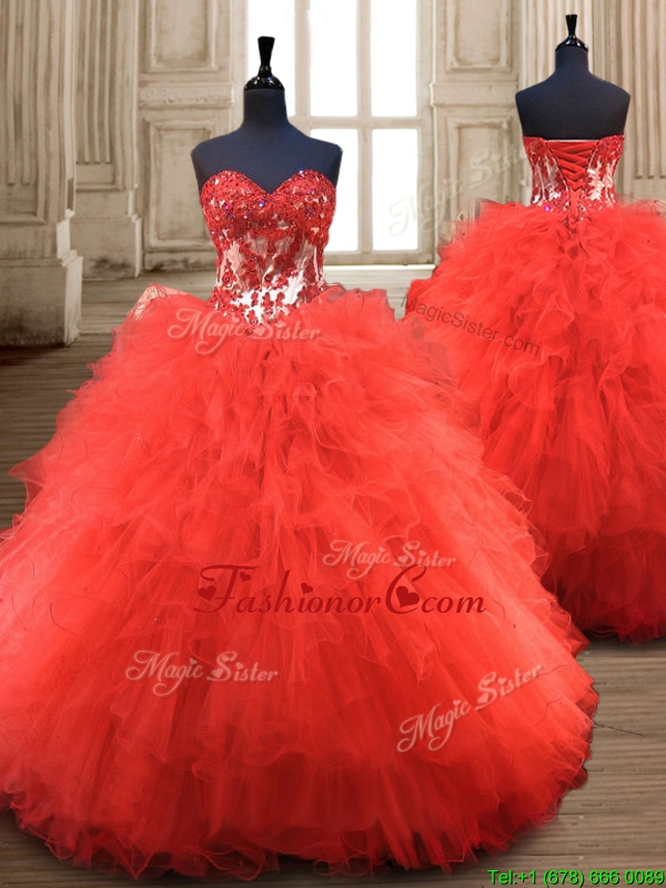Popular Red Really Puffy Quinceanera Gown with Appliques and Ruffles SWQD123FOR