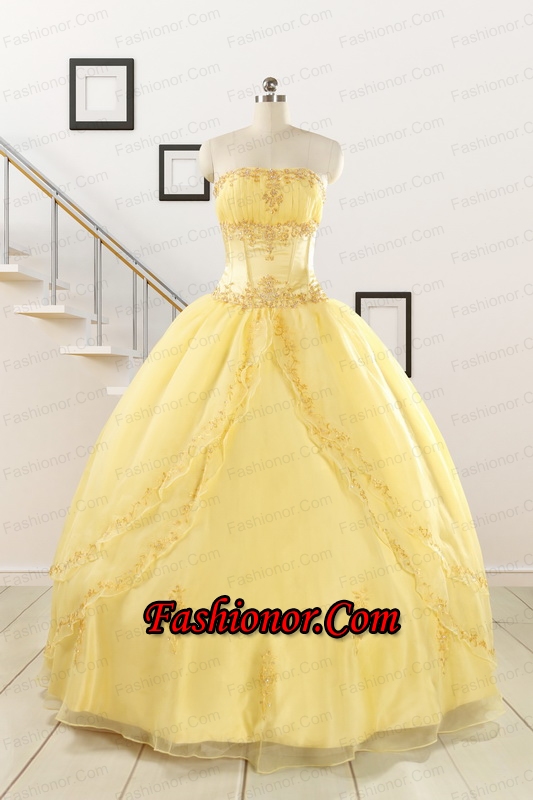 Pretty Yellow Quinceanera Dresses with Appliques and Beading For 2015 FNAO088FOR