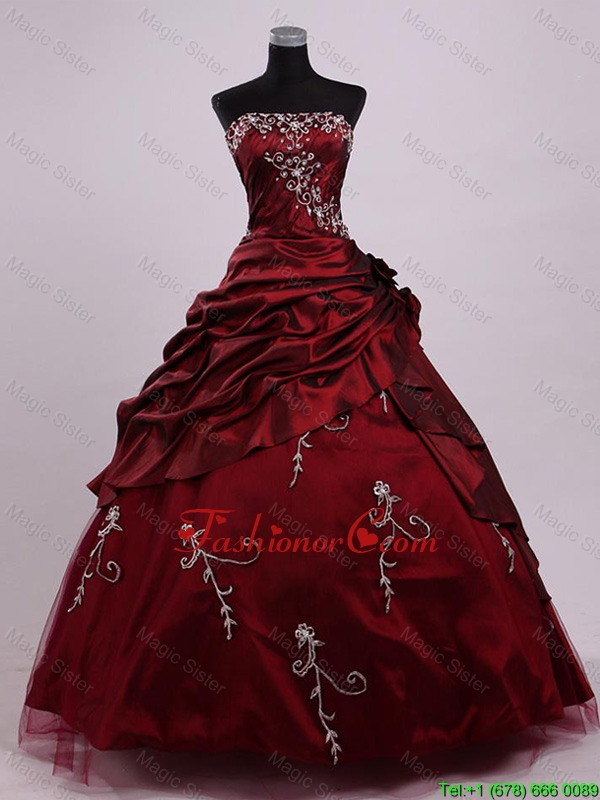 2016 Elegant Strapless Ball Gown Wine Red Sweet 16 Dresses with Appliques