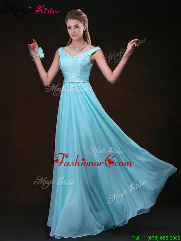 Low price Empire V Neck Prom Dresses with Belt and Lace BMT069CFOR