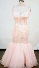 Formal Mermaid Halter top neck Floor-length Baby Pink Beading Prom Dresses Style FA-C-187