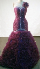 Luxurious Mermaid One-shoulder Neck  Floor-length Burgundy Beading Prom Dresses Style FA-C-199