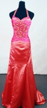 Popular column halter top brush red beading prom dresses FA-X-112
