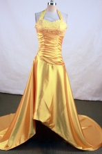 Pretty empire halter top sweetheart-neck low-high beading orange prom dresses FA-X-111