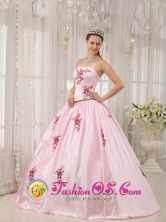 Elegant A-line Baby Pink Appliques Decorate Quinceanera Dress With Strapless Taffeta for Formal Evening In Moreno  Argentina  Style QDZY533FOR