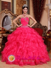 Ruffled Organza Beaded Coral Red Ball Gown Sweetheart for 2013 San Justo Argentina Quinceanera  Style QDZY032FOR 