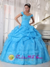Sky Blue Off The Shoulder Taffeta and Organza Quinceanera Dress With Deads and Pick-ups In Cordoba Argentina Style PDZY595FOR