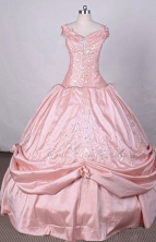Affordable Ball Gown Off The Shoulder Neckline FLoor-Length Taffeta Pink Appliques And Beading Quinceanera Dresses Style FA-S-050