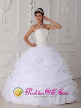 Ambato  Ecuador Ruffled White Strapless 2013 Quinceanera Dress In New York Lace Floor-length Organza Style QDZY186FOR