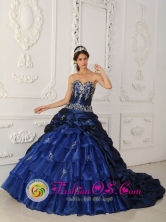 Bayamo Cuba Appliques Chapel Train Perfect Royal Blue Sweet sixteen Dress Sweetheart Taffeta and Organza Ball Gown For 2013 Style QDZY319FOR 