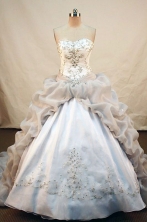 Fashionable ball gown sweetheart-neck chapel appliques white taffeta quinceanera dress FA-X-025