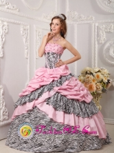 Holguin Cuba Pink sweet sixteen Dress Taffeta and Zebra With Pick-ups Beading Ball Gown Style QDZY017FOR