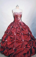 Inexpensive ball gown sweetheart-neck floor-length appliques burgundy taffeta quinceanera dress FA-X-027