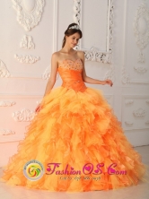 Loja  Ecuador Orange Red Beading and Ruch Elegant Sweet sixteen Dress For Formal 2013 Evening Sweetheart Organza Ball Gown Style QDZY340FOR