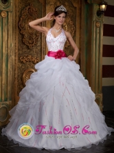 Machala  Ecuador 2013 A-line White Halter Beaded Decorate Bust and Contrasting Sash Sweet sixteen Dress With Pick-ups Organza Floor-length Style QDZY222FOR 