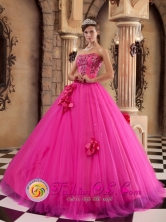 Manta  Ecuador Luxurious Hot Pink sweet sixteen Dress For Summer Strapless With Flowers And Appliques Decorate Style QDZY181FOR