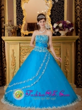 Moron Cuba Teal Strapless Sash Tulle Embroidery Decorate A-line sweet sixteen Dress  Style QDZY150FOR