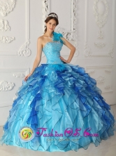 Nueva Gerona Cuba 2013 Aqua Blue Discount One Shoulder Sweet sixteen Dress Beading Satin and Organza Ball Gown Style QDZY329FOR