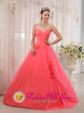 Nuevitas Cuba With Hand Made Flowers Sweetheart and A-line 2013 Summer Sweet sixteen Dress Tulle Coral Red Style QDZY339FOR