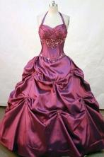 Perfect ball gown halter top floor-length wine red satin appliques quinceanera dress FA-X-031