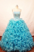 Popular ball gown strapless floor-length beading teal organza quinceaner drees FA-X-030