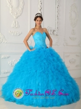 Trinidad Cuba 2013 Spring Teal Sweet sixteen Dress Sweetheart Satin and Organza With Beading Small Ruffles Style QDZY021FOR