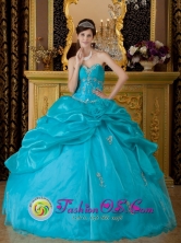 Appliques Decorate Teal Quinceanera Dress For 2013 With Hand Made Flower and Pick-ups in Apaneca El Salvador Style QDZY153FOR