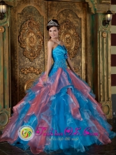 Beading and Ruffles Decorate Bodice Sky Blue and Watermelon Red For 2013 Quinceanera Dress Strapless Organza in Metapan El Salvador  Style QDZY242FOR