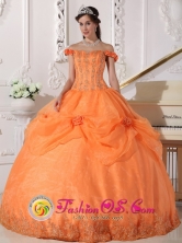 Chic Orange Stylish Quinceanera Ball Gown Dress With Off The Shoulderin Sonsonate   El Salvador  Style QDZY575FOR 