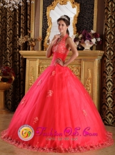 Gorgeous Tulle Ball Gown Coral Red Halter  2013 Quinceanera Gowns With  Appliques in Usulutan    El Salvador  Style QDZY141FOR