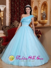 Summer Stylish Light Blue Princess Quinceanera Dress For Sweet 16 With One Shoulder Neckline in San Salvador El Salvador  Style QDZY588FOR