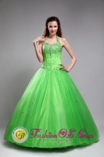 Tulle A-line Amazing Beaded Decorate Spring Green Halter Top Quinceanera Dresses IN La PalmaEl Salvador Style ZYLJ22FOR