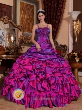 2013 Asuncion Mita Guatemala Discount Purple and Fuchsia Ruffled Quinceanera Dress With Embroidery Straps Multi-color Style QDZY062FOR