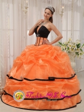 2013 Nueva Concepcion Guatemala Pretty Black and orange Quinceanera Strapless Satin and Organza Dress For Summer Style QDZY432FOR